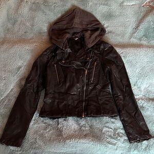 Free People Black Faux Leather Hooded Jacket